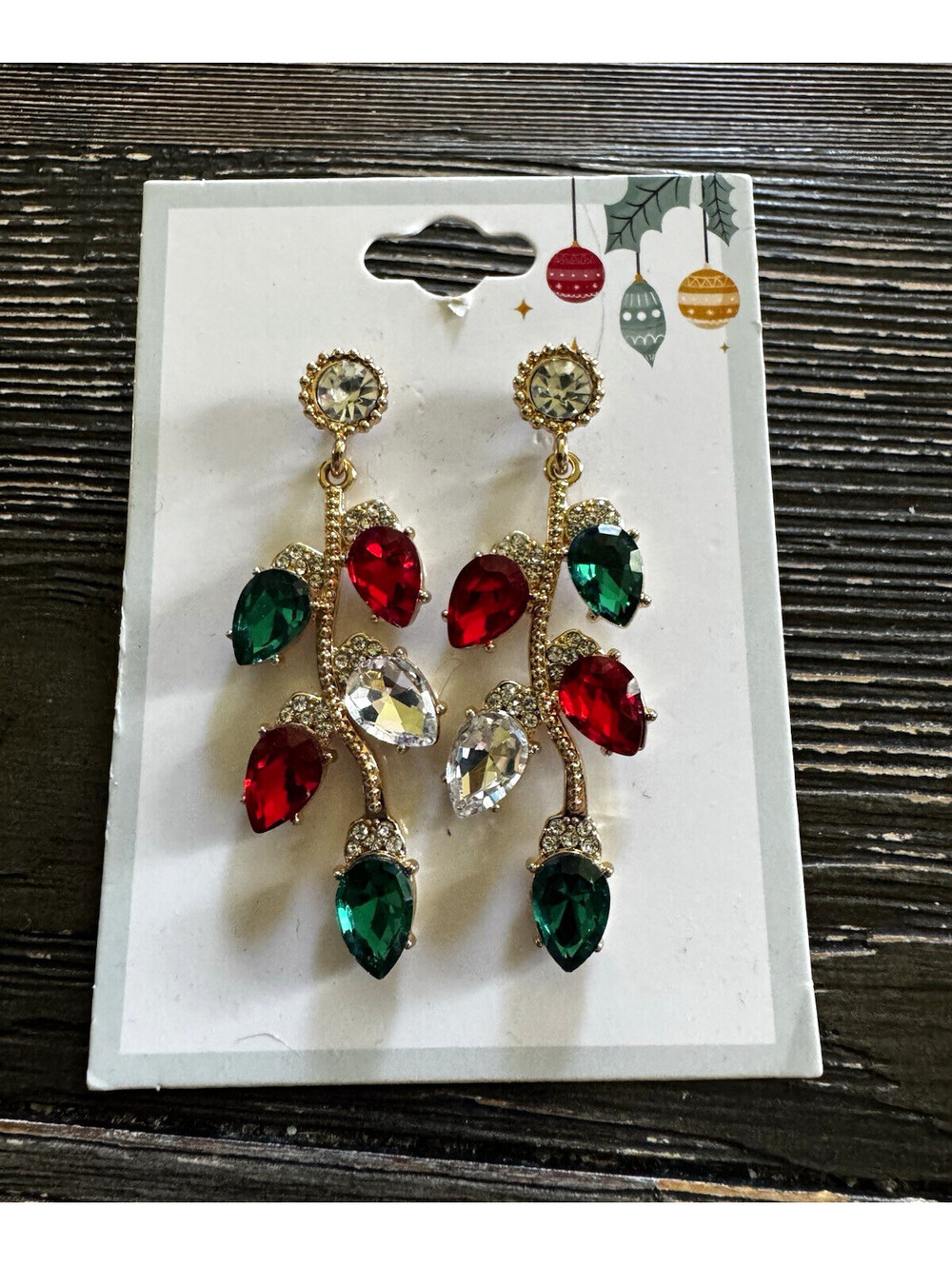 Christmas Gold Tone Dangle Drop Earrings Red Green Clear Crystal Rhinestone NWT